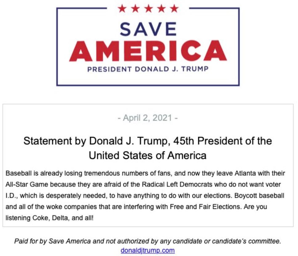 President Trump&rsquo;s statement on boycotting MLB, Coke, and Delta. Via The Gateway Pundit